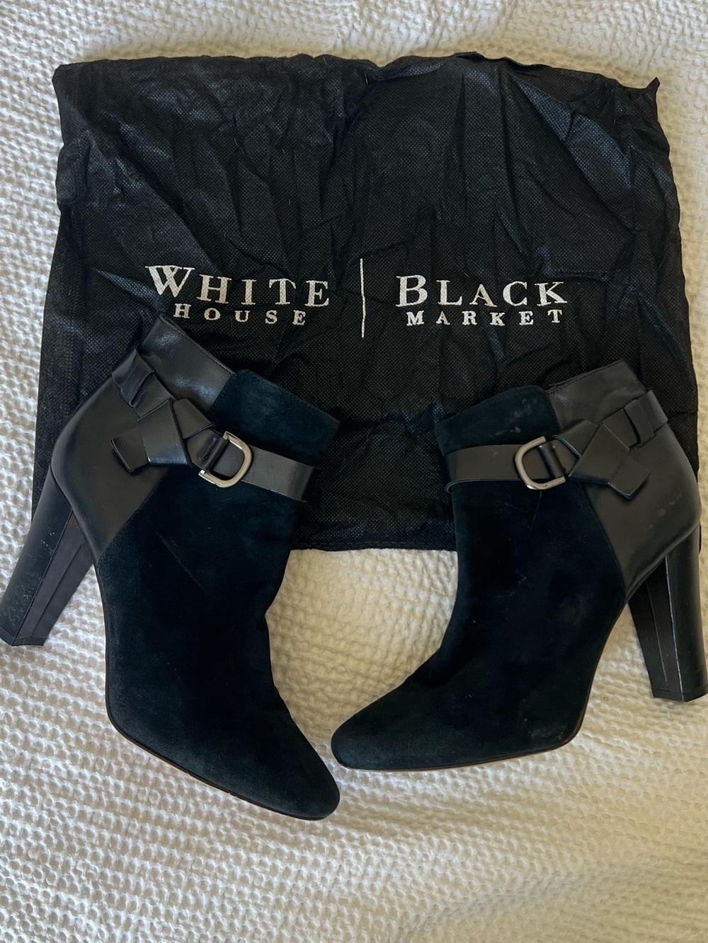 White House Black Market Black Suede Ankle Booties with Buckle Strap